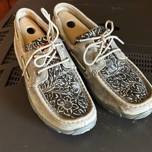 Twisted X Gray and Black Flats with Moc-Toe Stitching